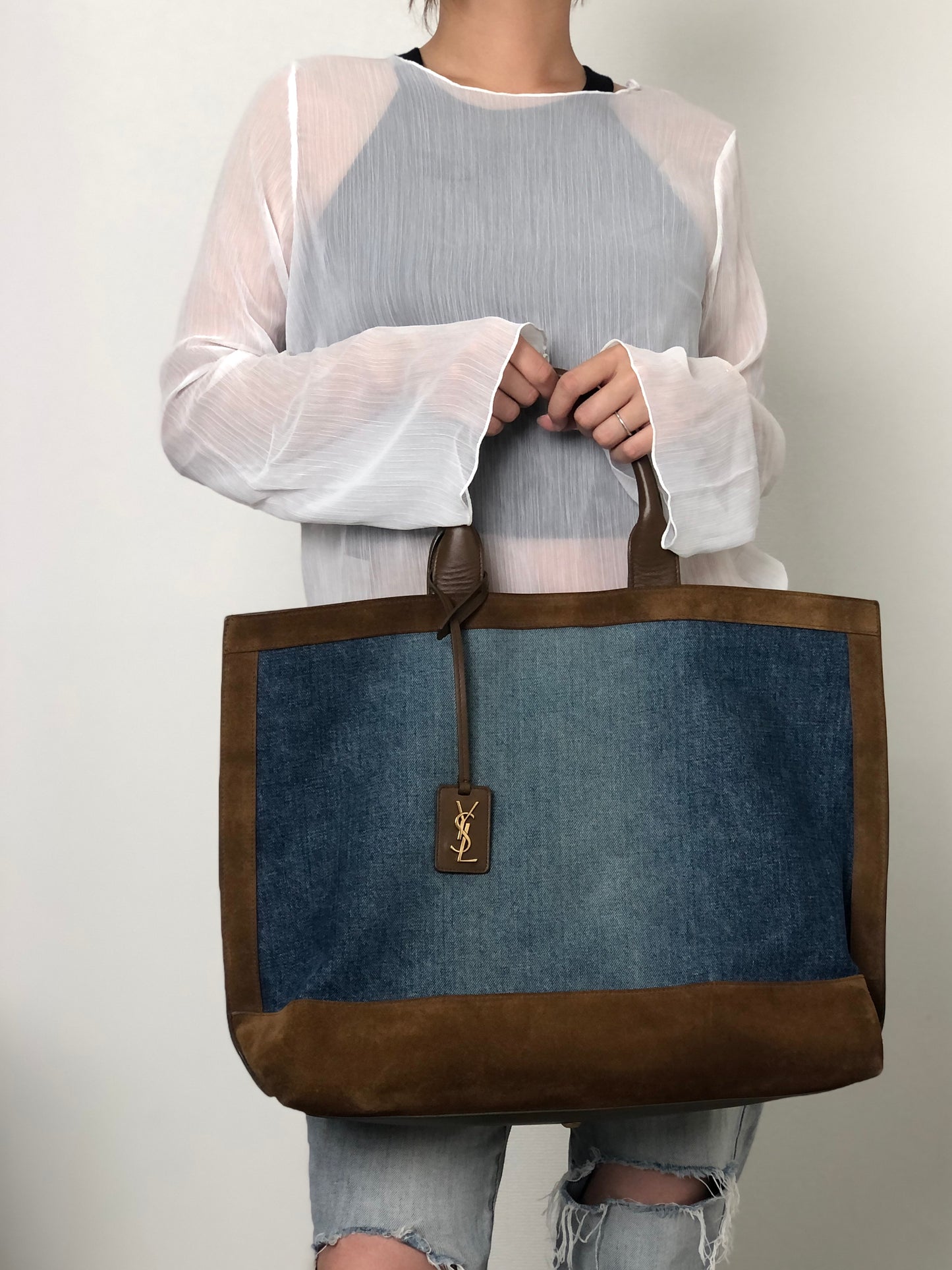 Yves Saint Laurent YSL Logo Totebag Indigo×Brown Vintage tgpnxk