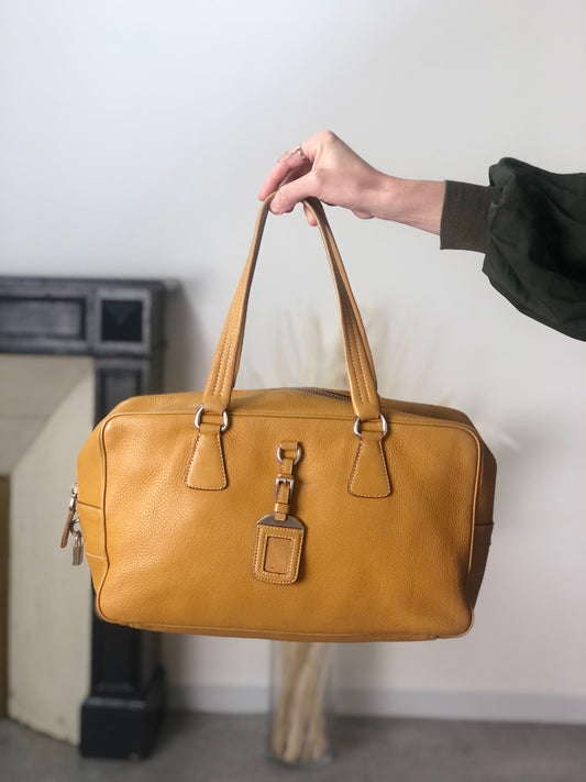 PRADALogo Embossed Small Boston bag Handbag Camel Vintage witjyy