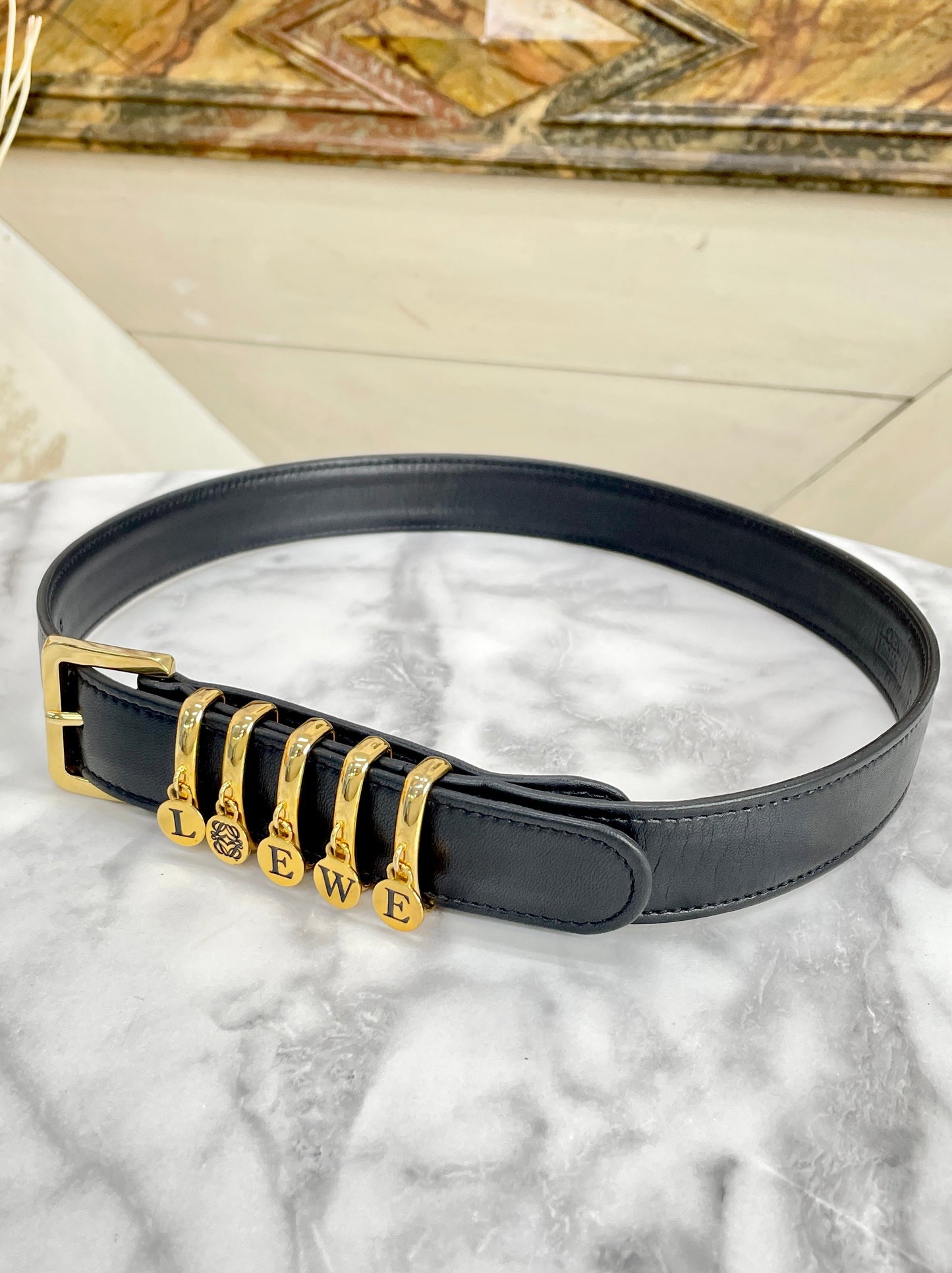 LOEWE Initial Leather Belt Black Vintage Old tebe6k