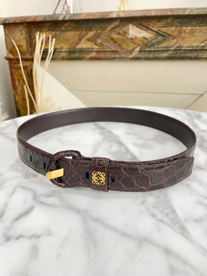 LOEWE Anagram Crocodile Embossed Leather Belt Brown Vintage Old idabm7