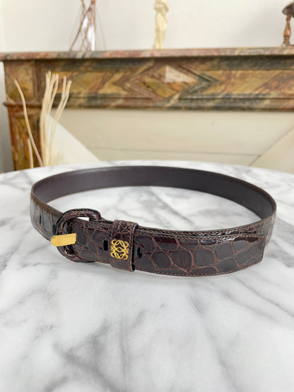 LOEWE Anagram Crocodile Embossed Leather Belt Brown Vintage Old idabm7