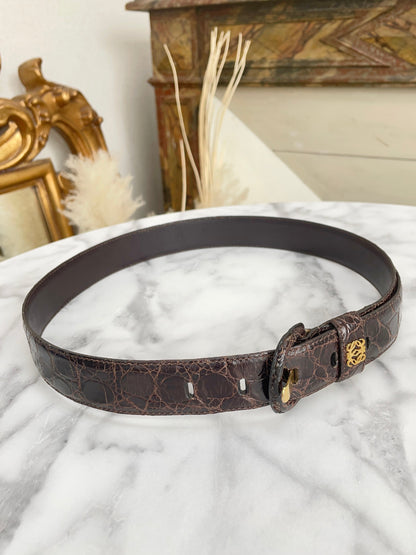 LOEWE Anagram Crocodile Embossed Leather Belt Brown Vintage Old idabm7