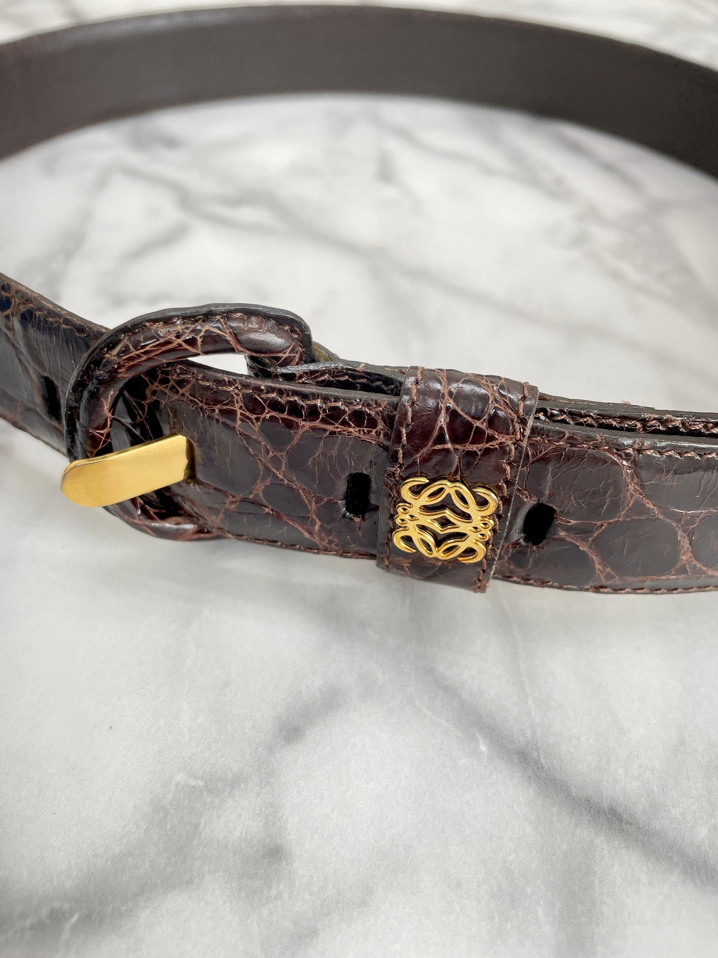 LOEWE Anagram Crocodile Embossed Leather Belt Brown Vintage Old idabm7