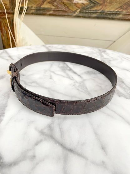 LOEWE Anagram Crocodile Embossed Leather Belt Brown Vintage Old idabm7
