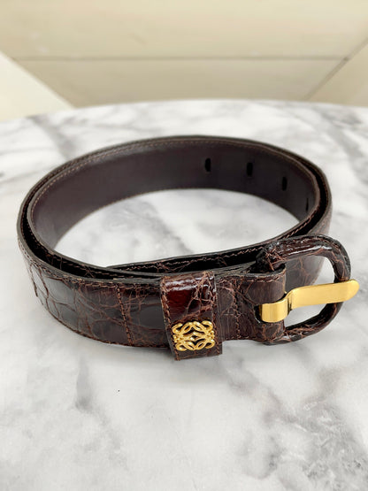 LOEWE Anagram Crocodile Embossed Leather Belt Brown Vintage Old idabm7