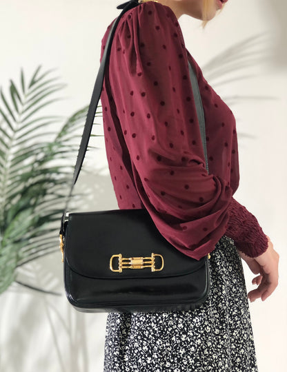 CELINE 馬銜扣皮革斜背包 黑色復古 p25eua 