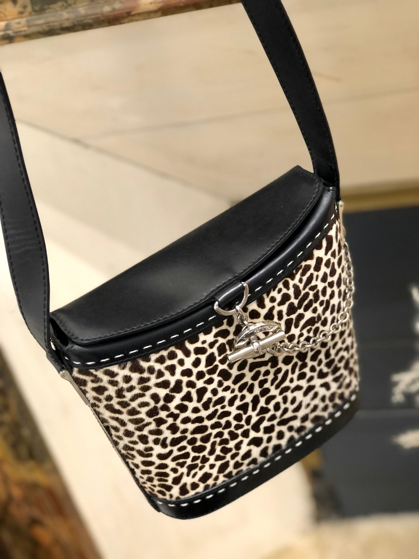 CELINE Unborn calf Dalmatian pattern Mantel Shoulder bag Black Vintage Old CELINE dn7e23