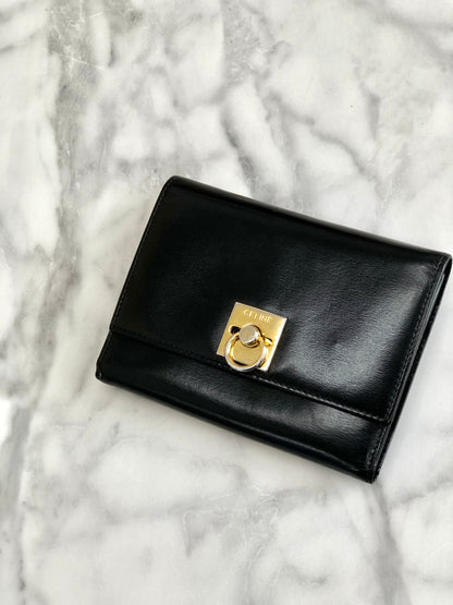 CELINE Trifold Wallet Gancini Black compact Vintage Old celine y7ikau