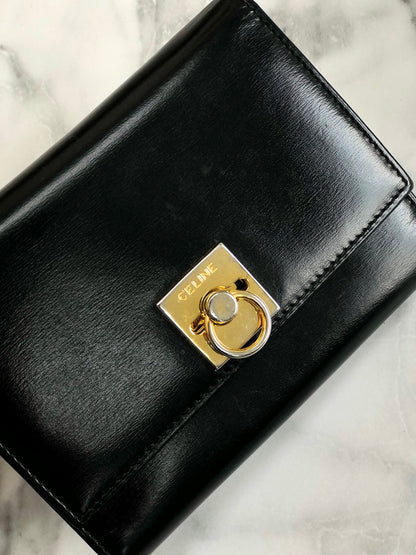 CELINE Trifold Wallet Gancini Black compact Vintage Old celine y7ikau