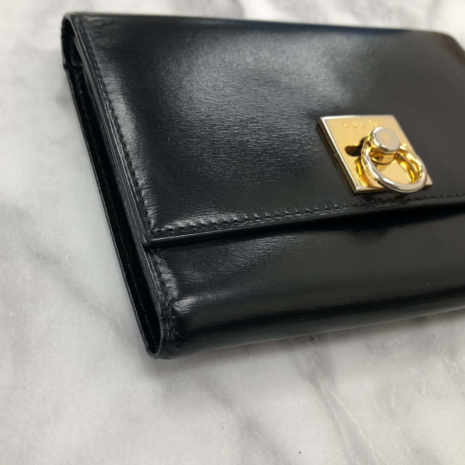 CELINE Trifold Wallet Gancini Black compact Vintage Old celine