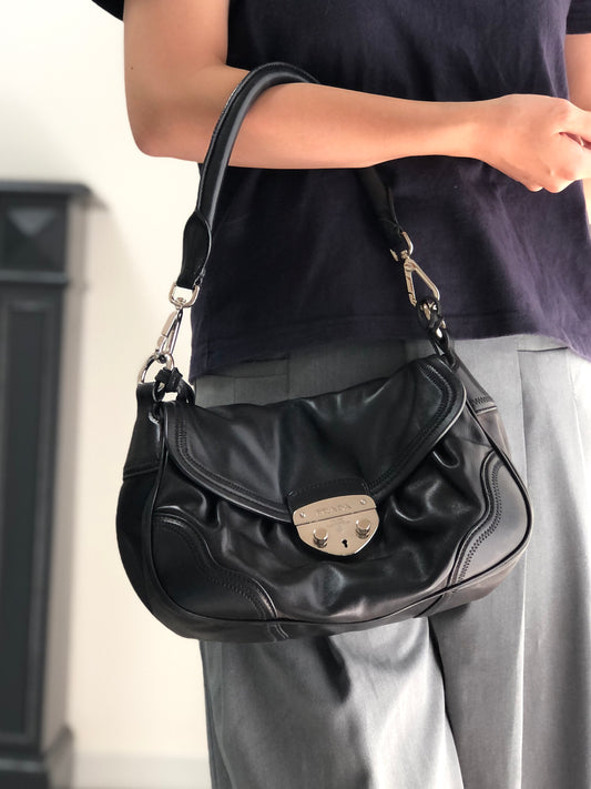 PRADA Front Buckle Handbag Black Vintage 5dmfc4