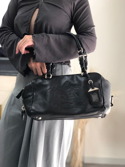 PRADA 標誌壓花小號波士頓包手提包黑色復古 sdau3h