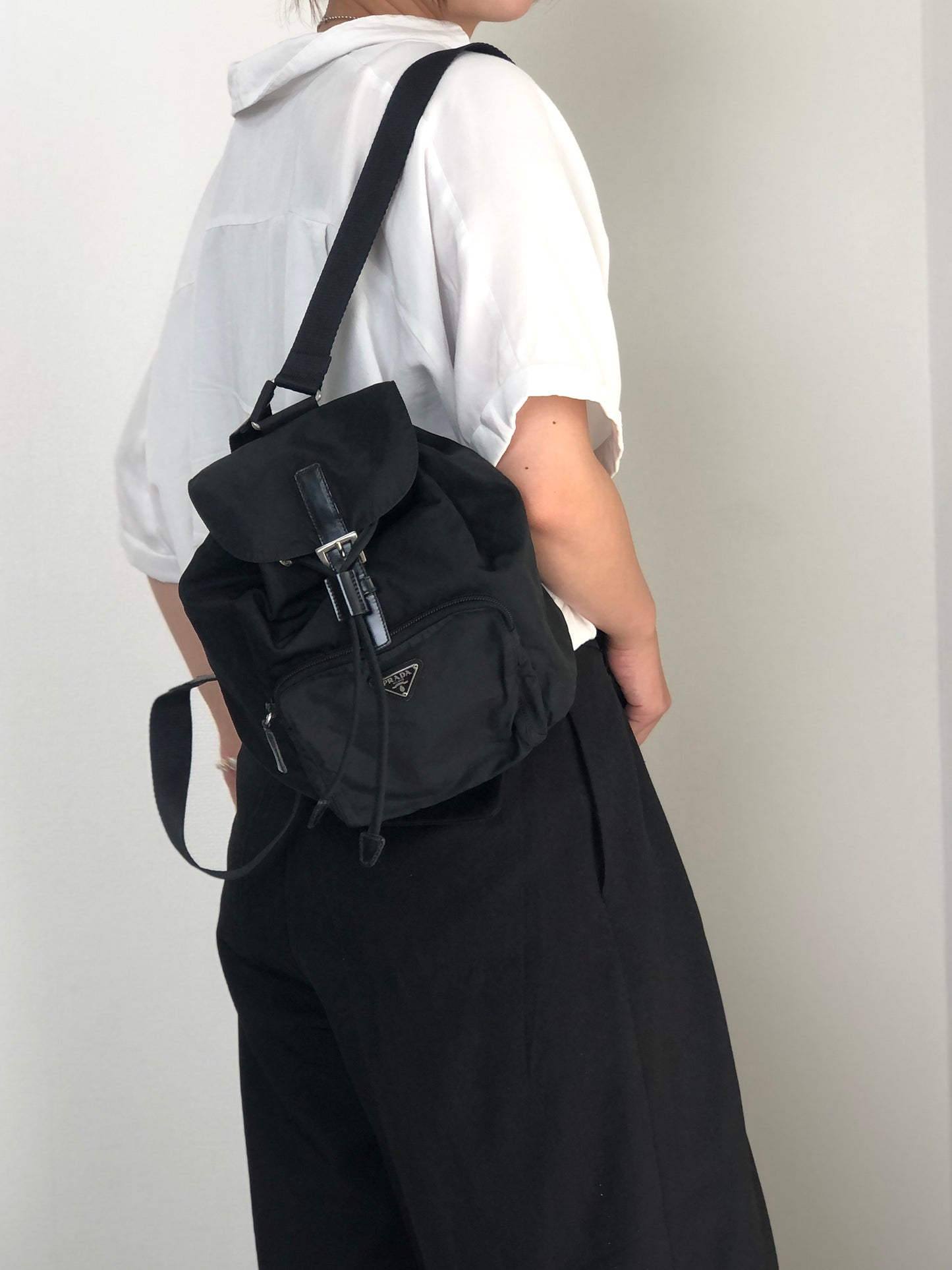 PRADA Tessuto Triangle Logo Front Buckle Backpack Black Vintage 8gfpuf