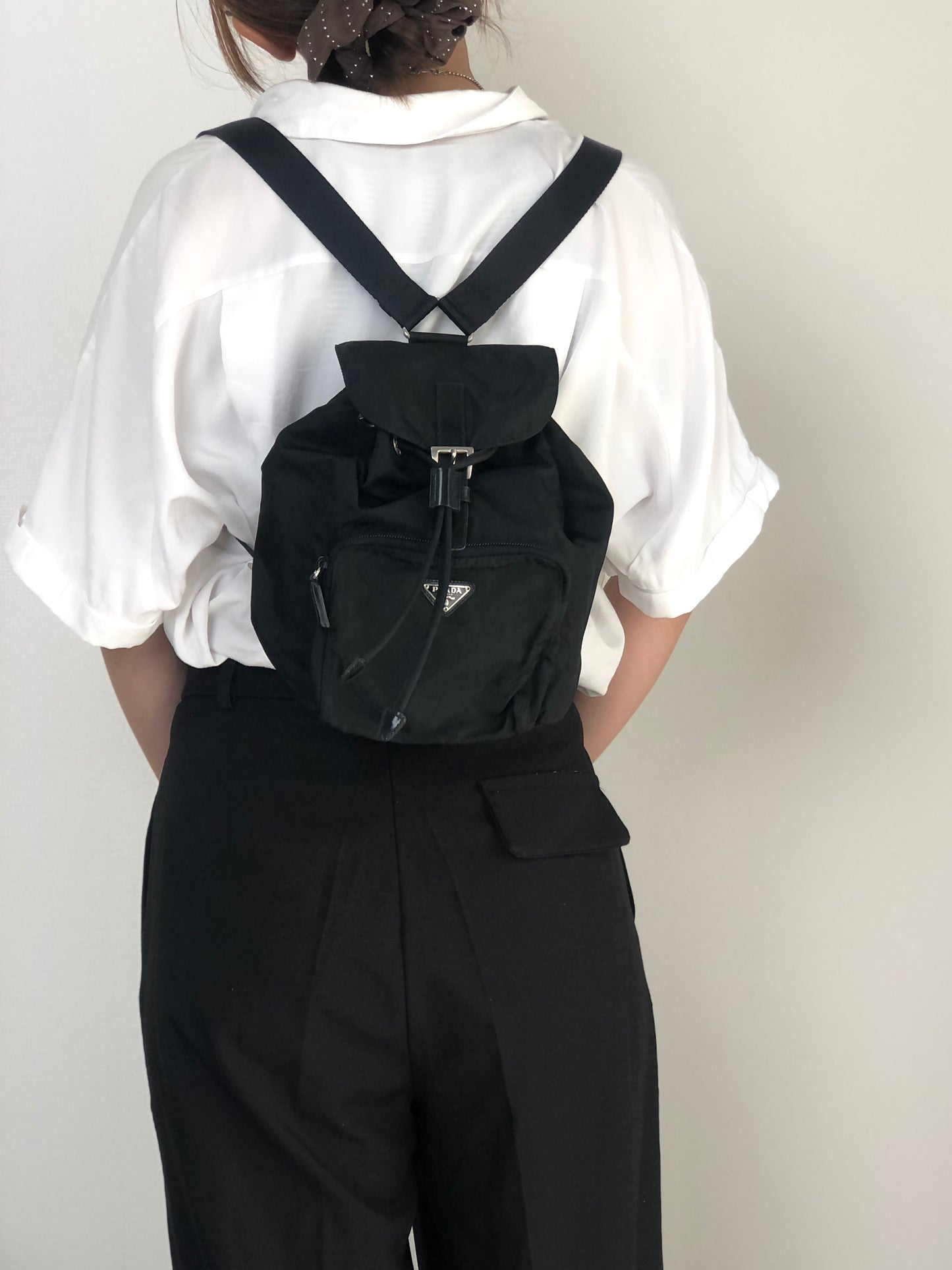 PRADA Tessuto Triangle Logo Front Buckle Backpack Black Vintage 8gfpuf