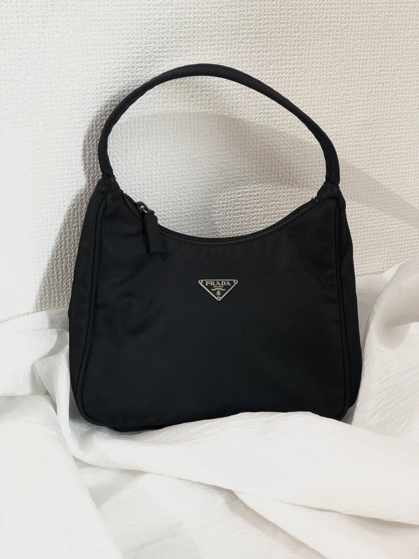 PRADA Triangle logo Nylon Handbag Hobo bag Black Vintage ptvxxe