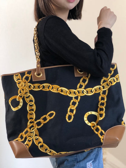 CELINE Triomphe Chain pattern Fabric Tote bag Black Vintage Old Celine pnmj2f