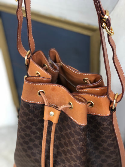 CELINE Macadam Blason Drawstring Bucket Shoulder bag Brown Vintage Old CELINE 4a8rws