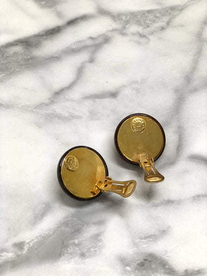 CELINE Horsebit Earrings Brown Gold Vintage Old Accessories x27mdf