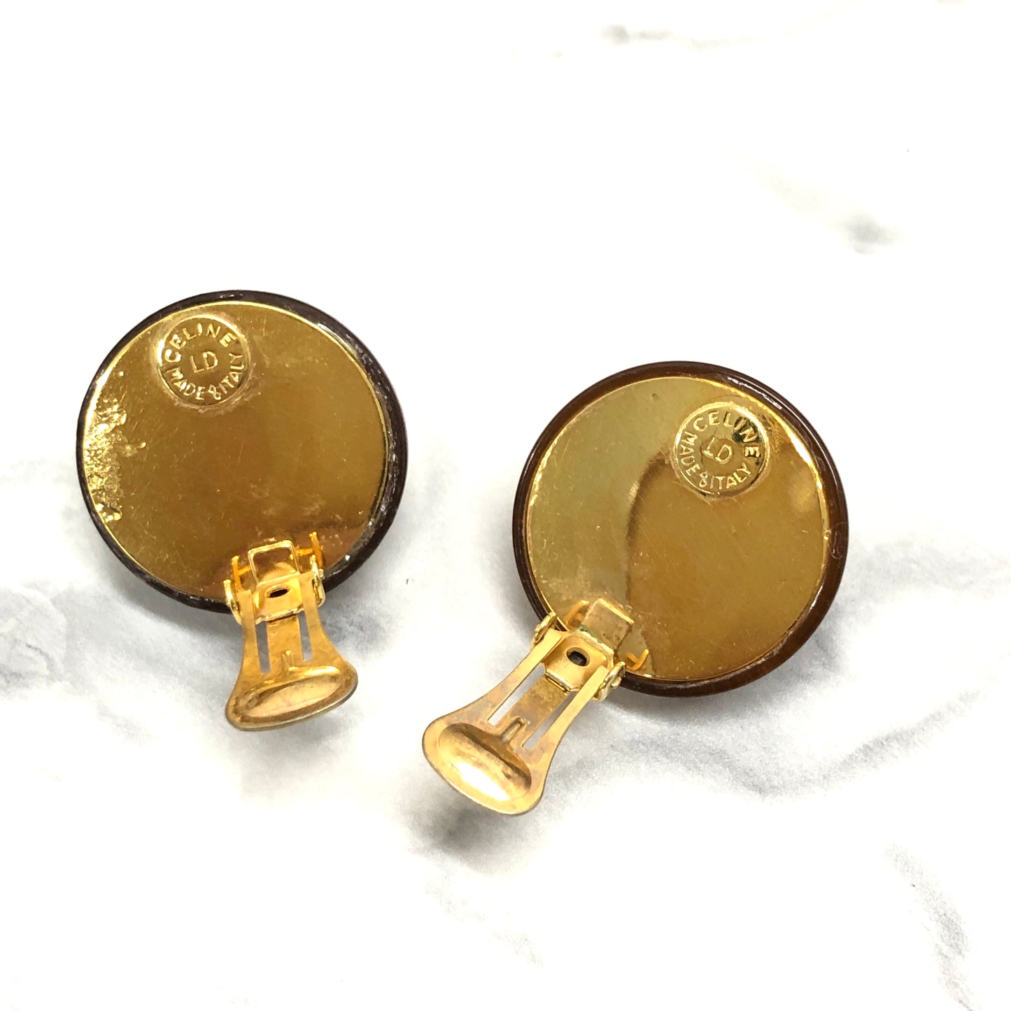 CELINE Horsebit Earrings Brown Gold Vintage Old Accessories x27mdf