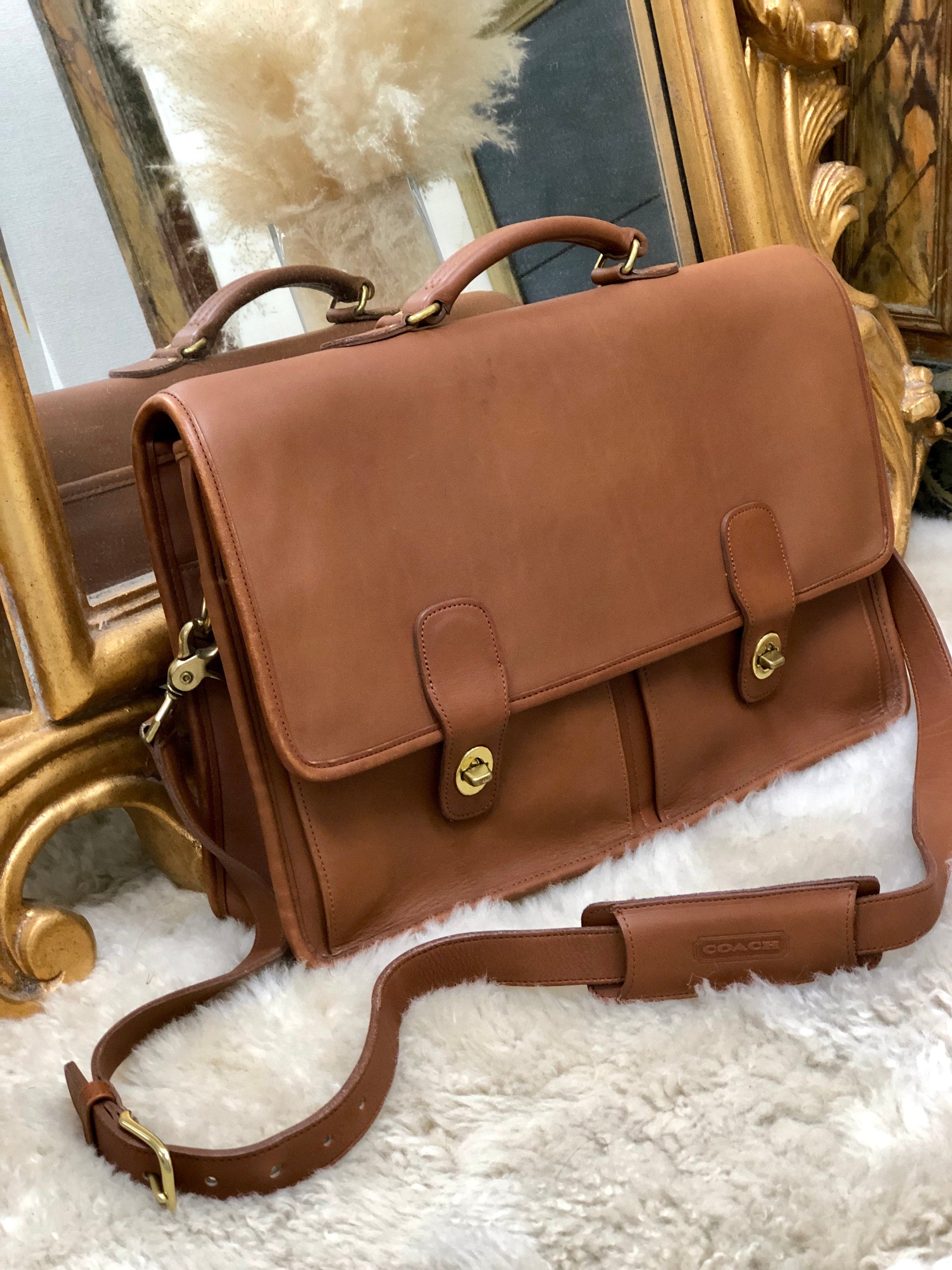 COACH Grab Leather Turnlock Brief Bag Brown Vintage Old euaujd 