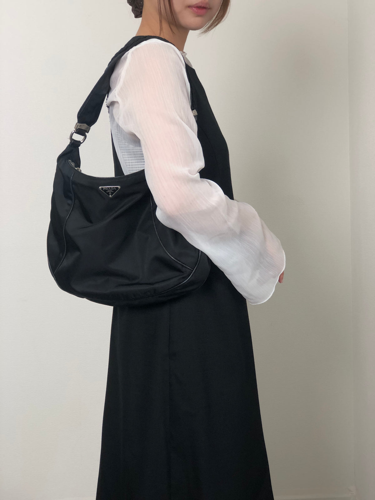 PRADA Tessuto Triangle Logo Shoulder bag Hobobag Black Vintage hub83u