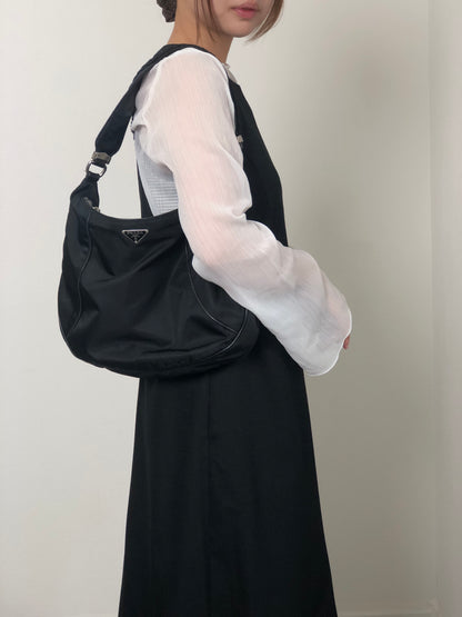 PRADA Tessuto Triangle Logo Shoulder bag Hobobag Black Vintage hub83u