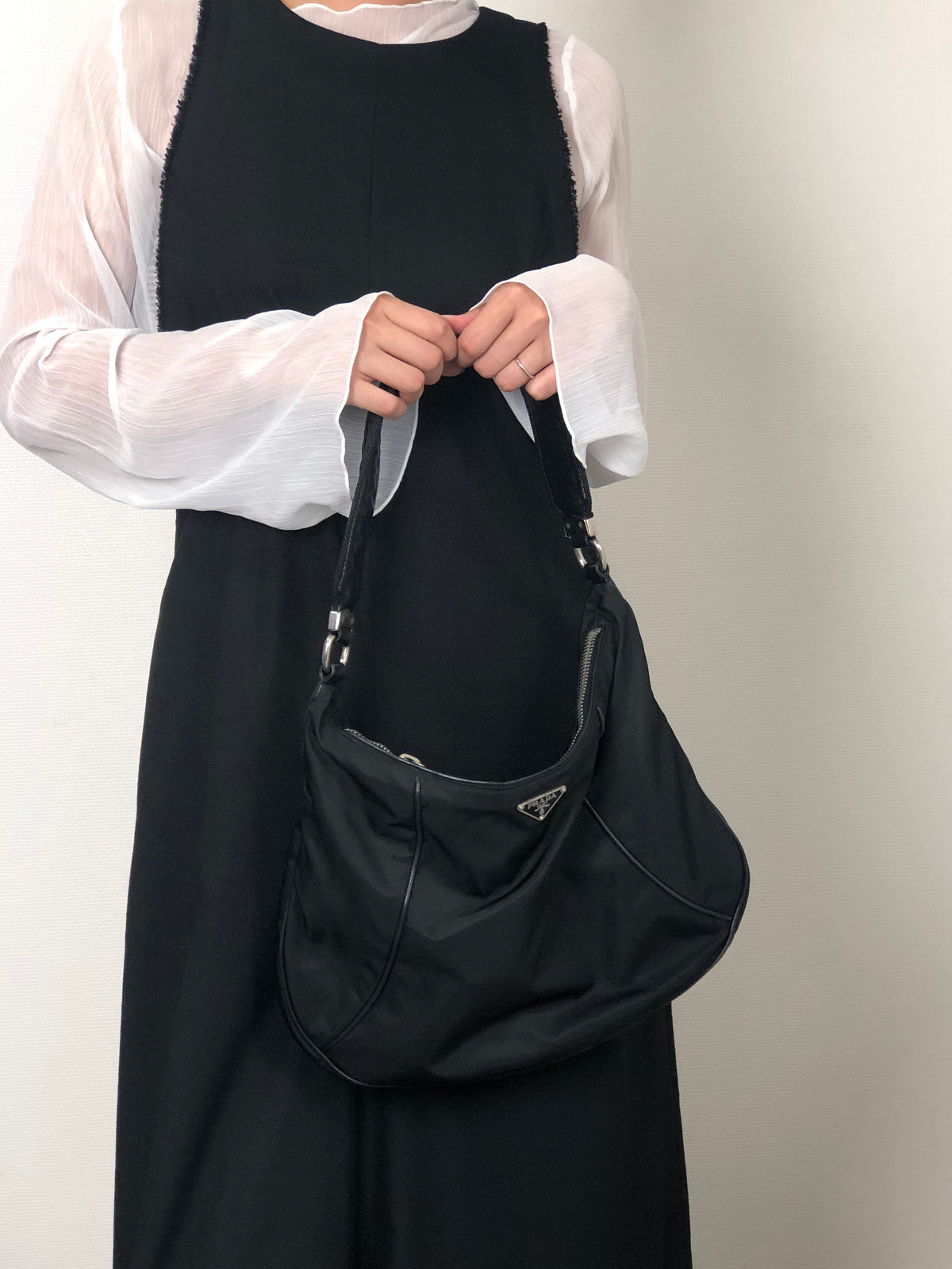 PRADA Tessuto Triangle Logo Shoulder bag Hobobag Black Vintage hub83u