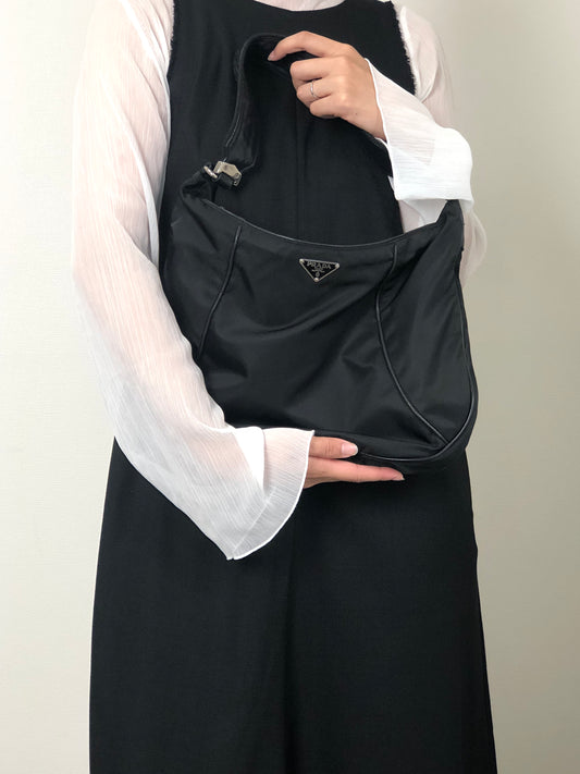 PRADA Tessuto Triangle Logo Shoulder bag Hobobag Black Vintage hub83u