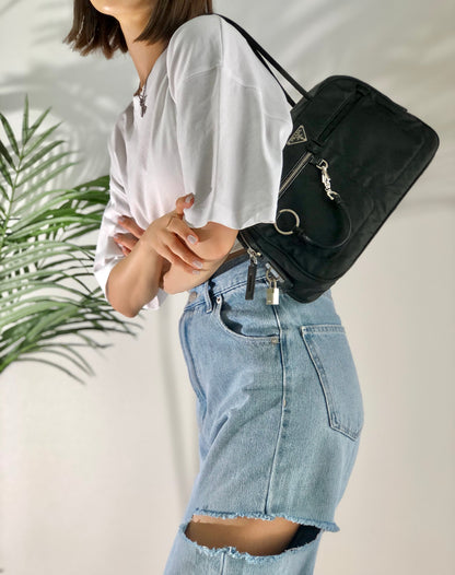 PRADA Triangle Logo Nylon Mini Boston Front Pocket Shoulder Bag Black Vintage Old hgxatd