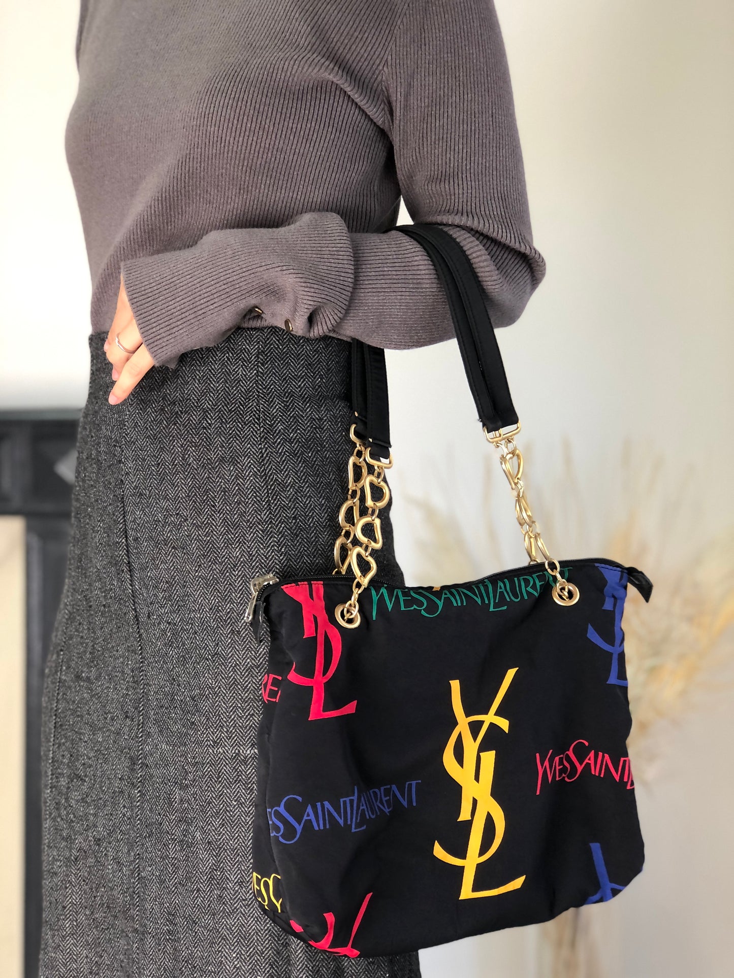 Yves Saint Laurent Logo Chain Totebag Black Vintage fniuvx