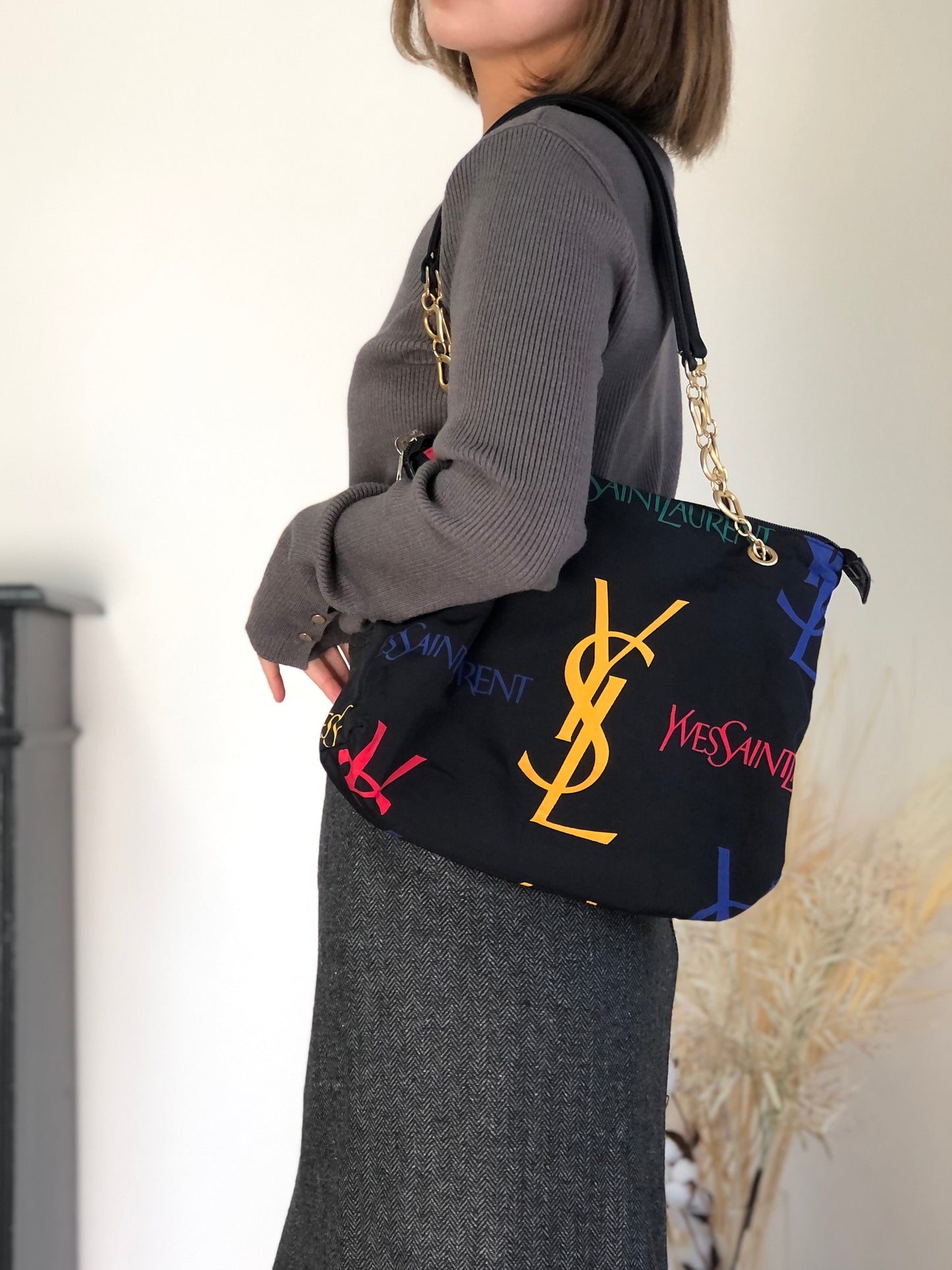 Yves Saint Laurent Logo Chain Totebag Black Vintage fniuvx