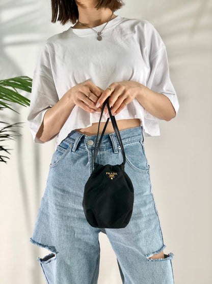 PRADA Logo Nylon Mini Bag Drawstring Handbag Black Vintage Old bbsywj
