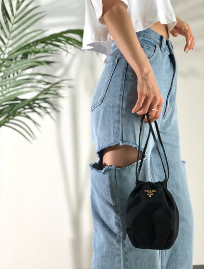 PRADA Logo Nylon Mini Bag Drawstring Handbag Black Vintage Old bbsywj