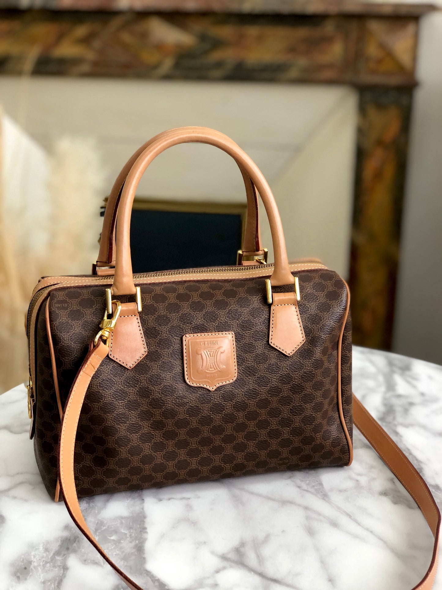 CELINE Macadam Blason mini Boston bag Handbag Brown Vintage Old Celine  kkfpeh