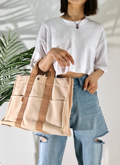 HERMES Fool toe MM 帆布手提包 米色 Vintage Old 5k5wy6