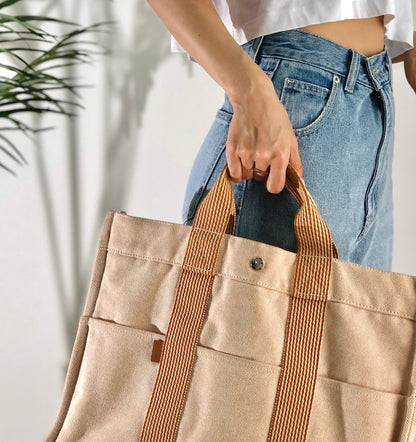 HERMES Fool toe MM 帆布手提包 米色 Vintage Old 5k5wy6