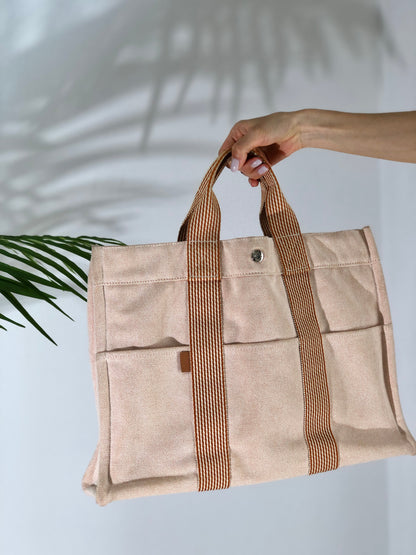 HERMES Fool toe MM 帆布手提包 米色 Vintage Old 5k5wy6