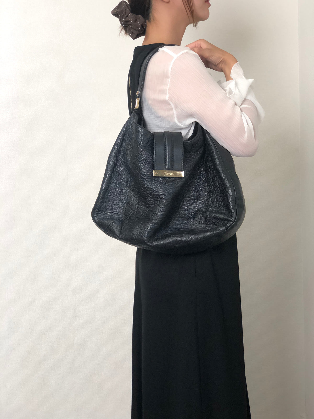 GUCCI Logo Shoulder bag Hobobag Black Vintage f2bysj