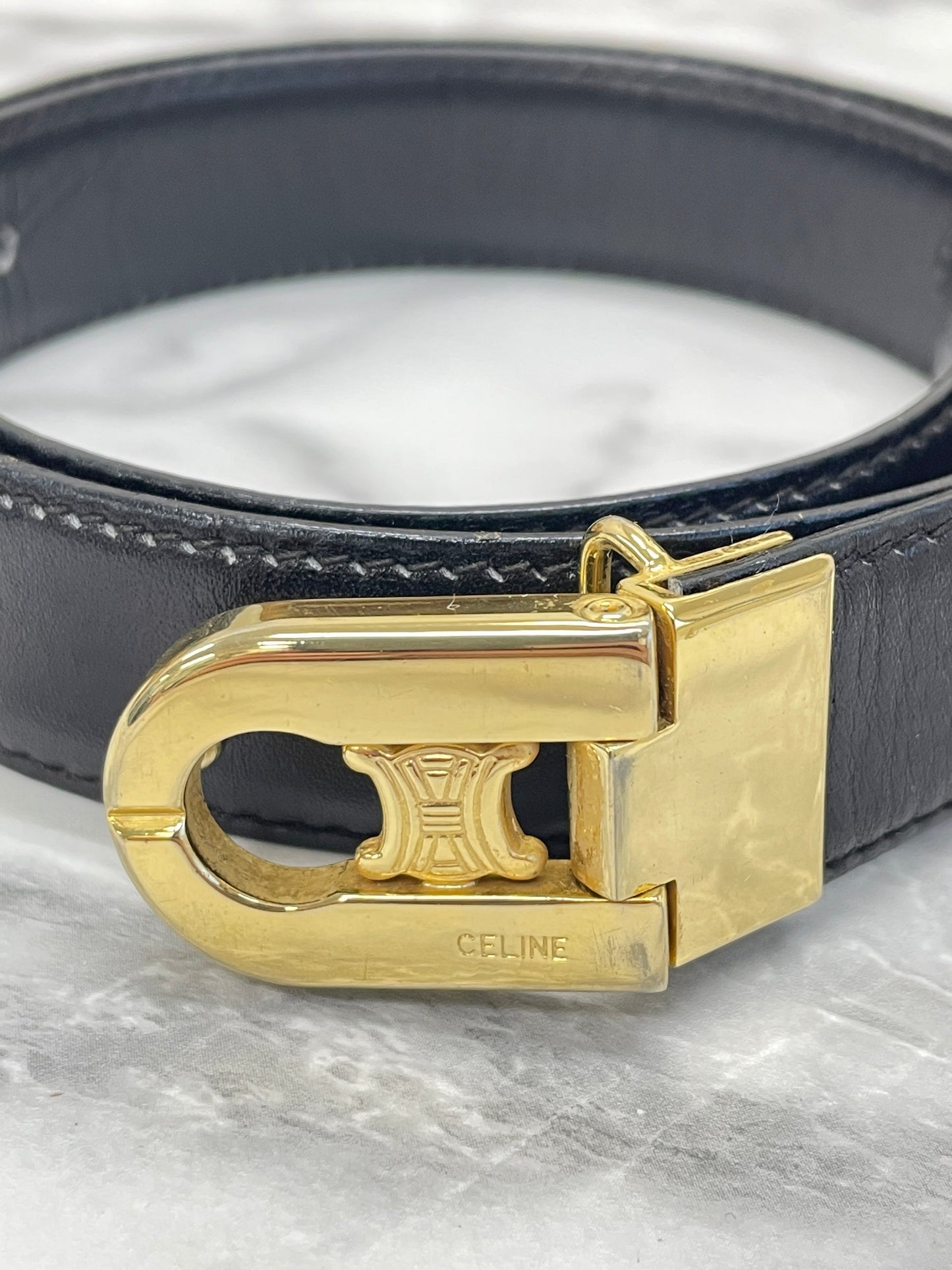 CELINE Triomphe leather Belt Black Vintage Old Celine vu3cmr