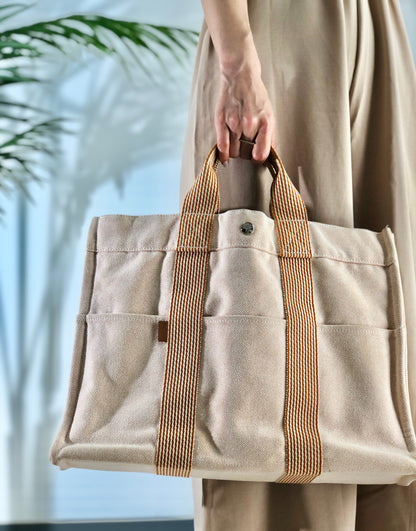 HERMES Fool toe MM 帆布手提包 米色 Vintage Old 5k5wy6