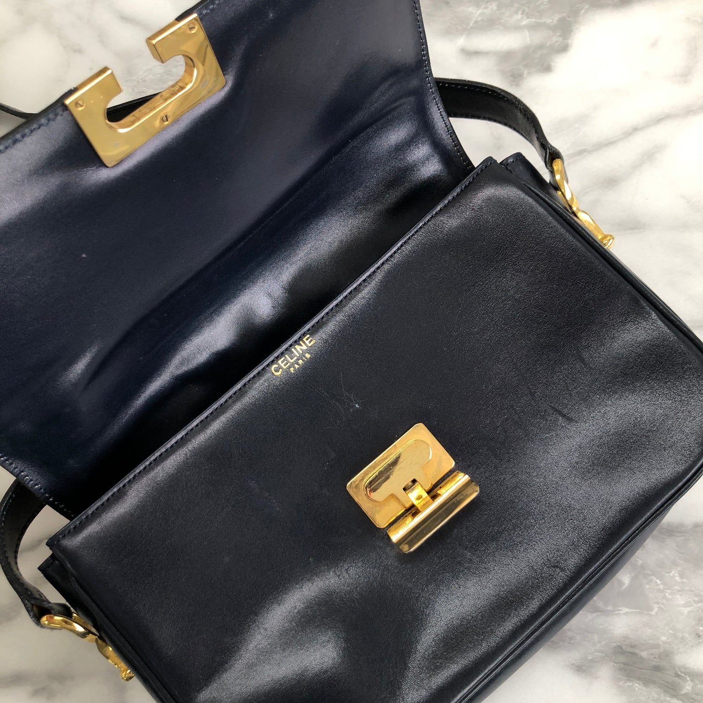 CELINE Blason Triomphe Crossbody Shoulder bag Navy Old Celine vintage e85ys5