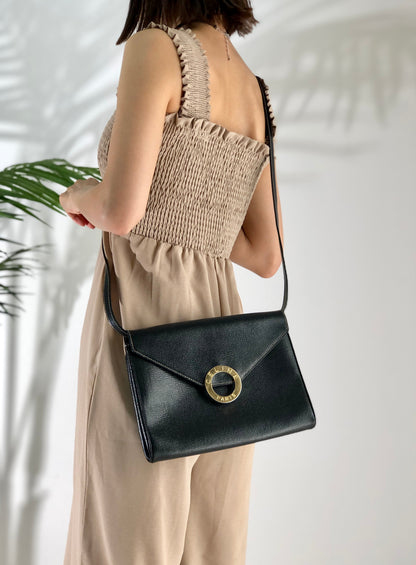 CELINE 圓形標誌壓花皮革兩用手拿包 單肩包 黑色 復古舊款 Celine gbnmjz