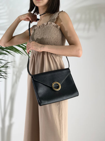 CELINE 圓形標誌壓花皮革兩用手拿包 單肩包 黑色 復古舊款 Celine gbnmjz