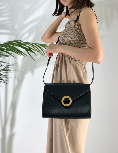 CELINE 圓形標誌壓花皮革兩用手拿包 單肩包 黑色 復古舊款 Celine gbnmjz