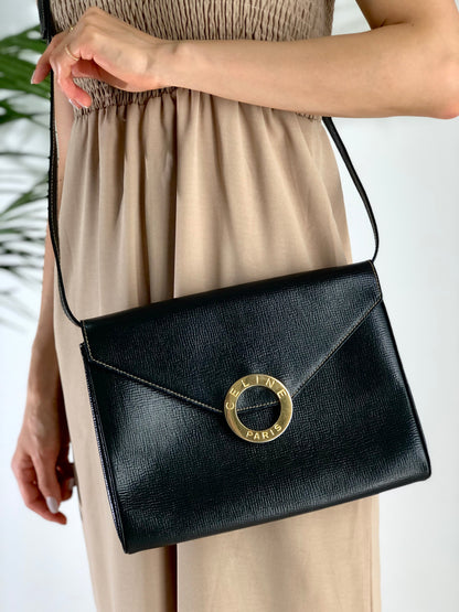 CELINE 圓形標誌壓花皮革兩用手拿包 單肩包 黑色 復古舊款 Celine gbnmjz