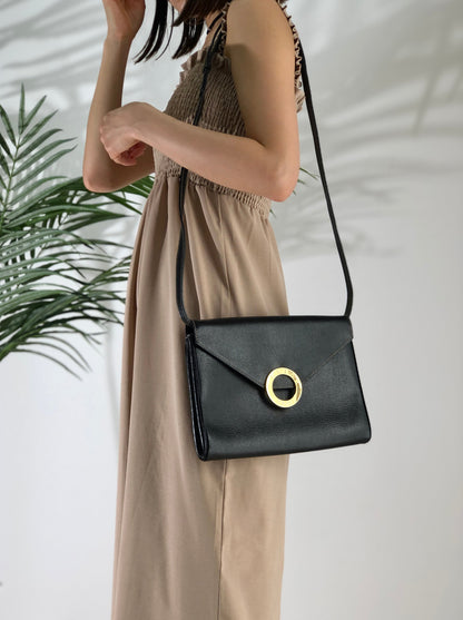 CELINE 圓形標誌壓花皮革兩用手拿包 單肩包 黑色 復古舊款 Celine gbnmjz