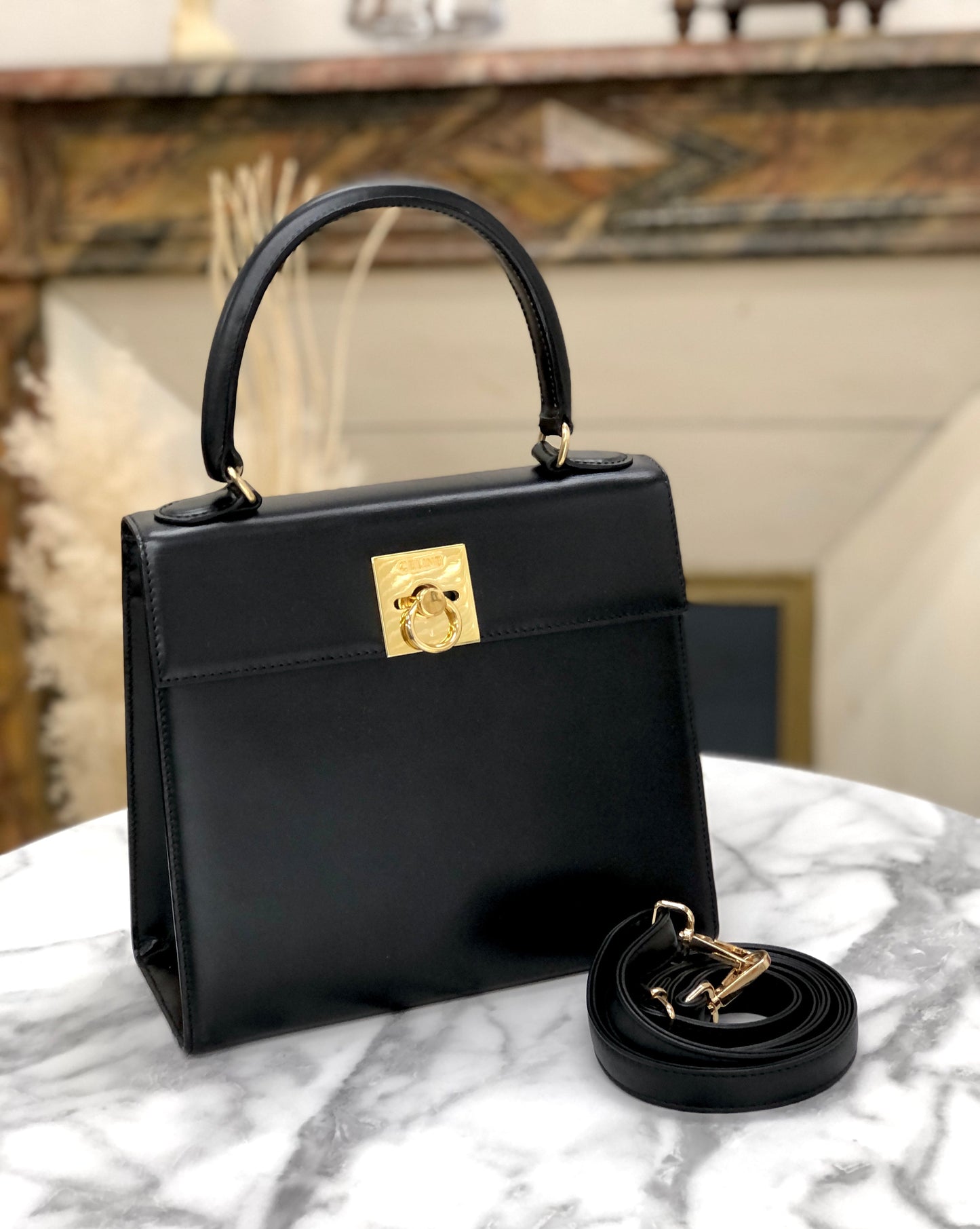 CELINE Gancini Two-way Shoulder bag Handbag Black Vintage Old Celine dn2fvc