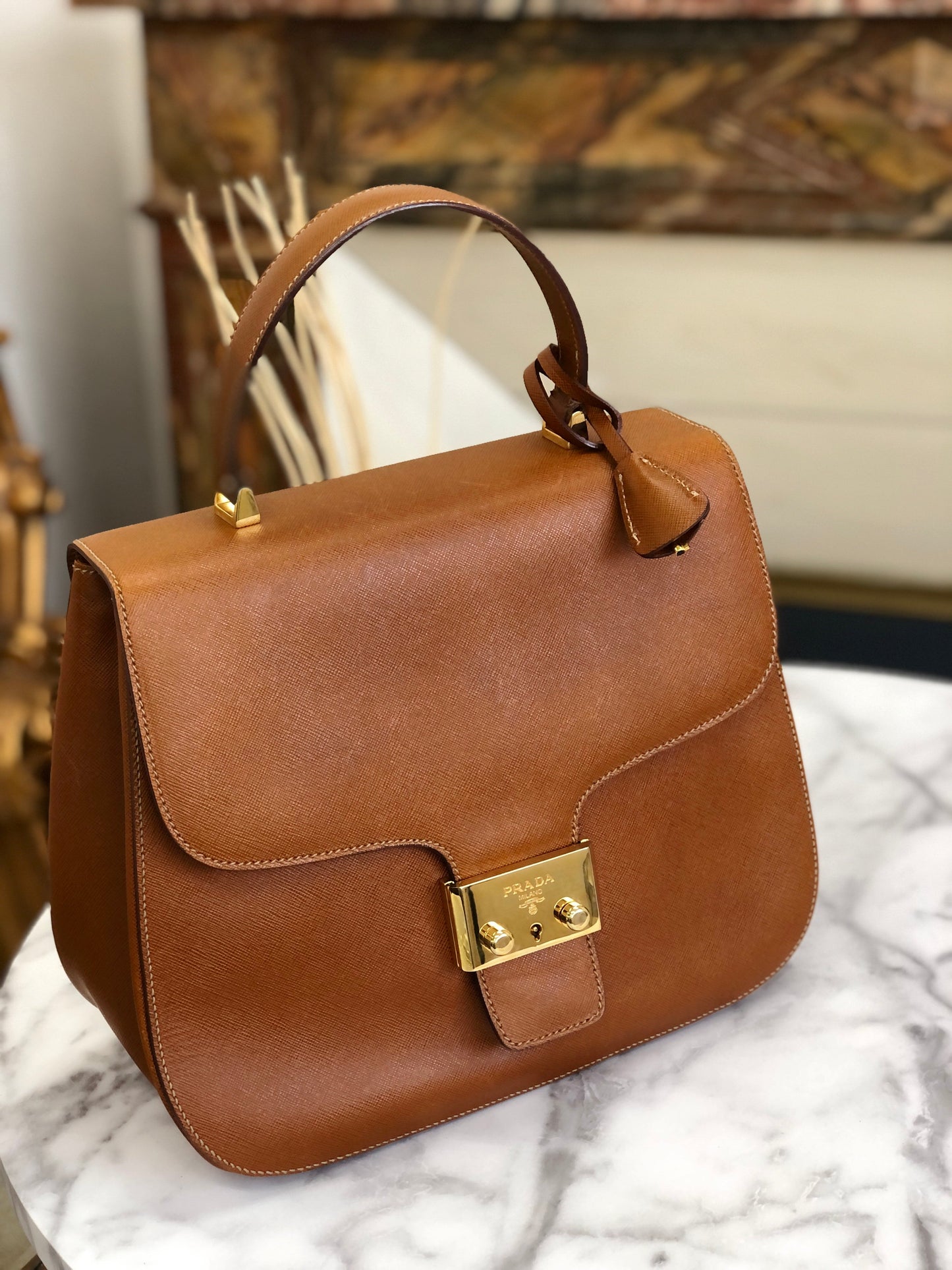 Vintage Prada Hand Bag Saffiano Leather Shoulder Bag~Tan