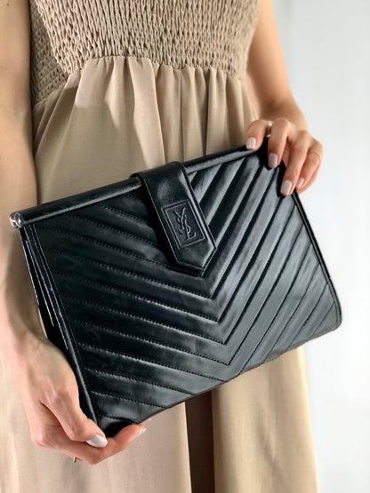 Yves Saint Laurent YSL Logo Chevron Clutch bag Black Vintage Old mhufpx