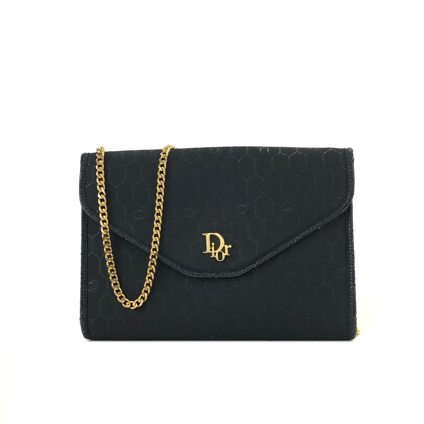 Christian Dior Logo Honeycomb Pattern Chain Fabric Crossbody Shoulderbag Black Vintage Old ngecsk